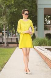 lace shift dress in mustard