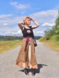 So sari:  silk wrap skirt, graphic tank, and cut-out booties