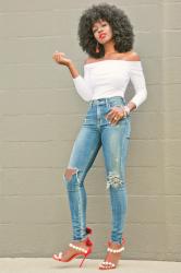 Off Shoulder 3/4 Sleeve Tee + Distressed High Waist Jeans