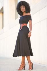 Black Off Shoulder Swing Midi Dress