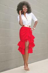 Ruffled Button Down Shirt + Ruffled Front Slit Skirt