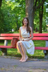 yellow gingham dress with v-neck on back