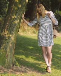 Striped Cocoon Dress, Statement Necklace and Rose-gold Wrap Bracelet.