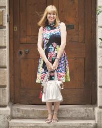 Multi-Floral Dress with a Silver Leather Tote Bag