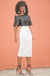 Short Flare Sleeves Blouse + Pencil Midi Skirt