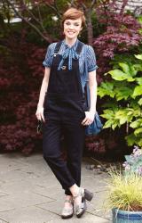 Dungarees and a Tie Neck Blouse, Black and Blue.