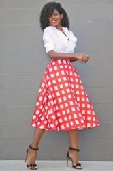 Ruffle Shirt + Print Midi Skirt