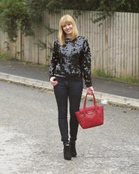 My 43rd Birthday: Black Sequin Sweatshirt, Skinny Jeans and a Red Tote Bag