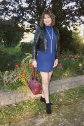 Cobalt Blue Dress with Black Moto Jacket