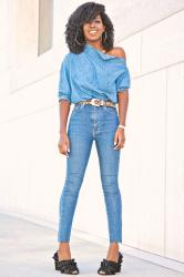 Off Shoulder Denim Blouse + High Waist Jeans