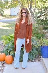 Rust Cardigan + Light Wash Flares.