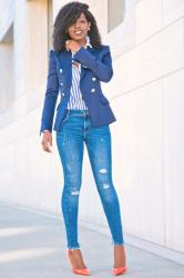 DB Navy Blazer + Striped Button Down + Distressed Jeans