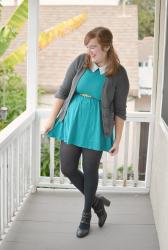 Teal Dress + Gray Cardigan