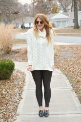 Cozy Holiday: Ivory Cable Knit + Spanx Leggings.