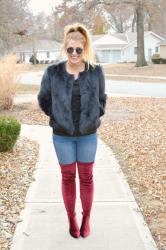 Navy Faux Fur + Burgundy Thigh High Boots.