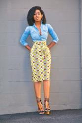 Fitted Denim Shirt + Belted Ankara Wrap Skirt