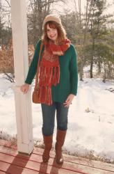 Green Sweater and Chunky Knit Hat and Scarf