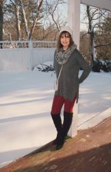 Charcoal Grey Sweater with Burgundy Leggings