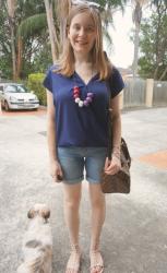 Studded Sandals, Denim Shorts and Navy Tops