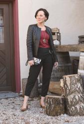 Favourite black leather jacket and Zara trousers with eye-catching details