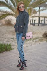 Eyelet jeans and Dresslink grey military jacket