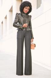 Ruffle Leather Jacket + High Waist Wide Leg Trousers