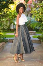 One Shoulder Ruffled Top + Tea Length Swing Skirt