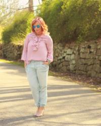 Pink Ruffled Top & Chambray Pants: A Tad Touchy