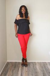 Red Crop Pants and Black Off The Shoulder Top