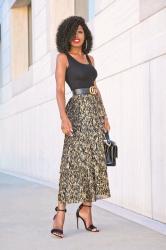 Fitted Tank Top + Tiered Metallic Midi Skirt