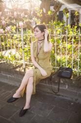 Outfit: vintage button through dress, leather mules and moto jacket