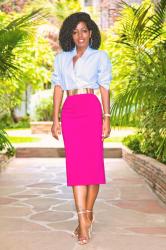Oversized Chinese Collar Button-Up + Midi Pencil Skirt
