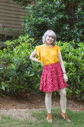 Outfit: Yellow Top, Orange Red Floral Skirt, and Fringe Sandals