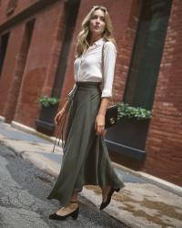 Olive Midi Skirt and Ivory Blouse