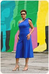 Review: McCall's 7632 | Baja Blue Single-Shoulder Stretch Crepe Jumpsuit + Anjolee Diamond Drop Earrings