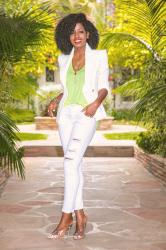 Fitted White Blazer + Tank + Ripped White Jeans