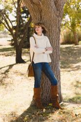 cable knit and slouchy boots, southwestern-style