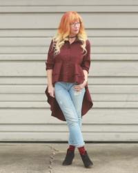 Ruffle Hem High Low Shirt & Skinny Jeans: The Color Purple