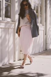 Holiday Style: Grey Boyfriend Blazer & Pink Eyelash Fringe Skirt