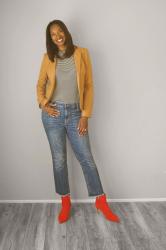 Red Suede Ankle Boots + Camel Blazer