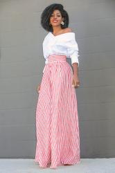 Off Shoulder White Shirt + Striped Palazzo Pants