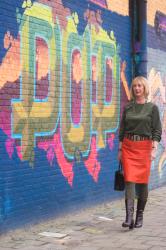 Orange leather skirt in winter