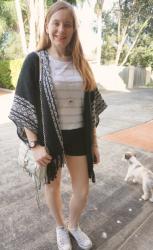 Two Ways To Wear Rebecca Minkoff Ruana Poncho with Shorts: Adding Autumn Layers to Summer Outfits