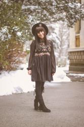 A Black Embroidered Dress in a Winter Wonderland 