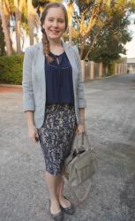 Monochrome Office Outfits: Navy Tops and Textured Pencil Skirts With Rebecca Minkoff MAM