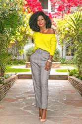 Neon Off Shoulder (DIY) Sweater + Belted High Waist Pants