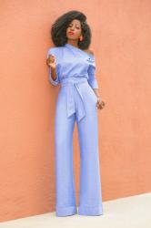 Chambray Buttoned Shoulder Shirt + High Waist Chambray Pants