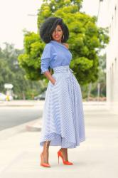 Off Shoulder Chambray Top + Belted Striped Midi Skirt