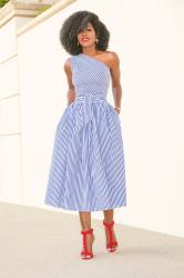 One Shoulder Striped Midi Dress