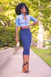 Fitted Denim Shirt + Pencil Midi Skirt